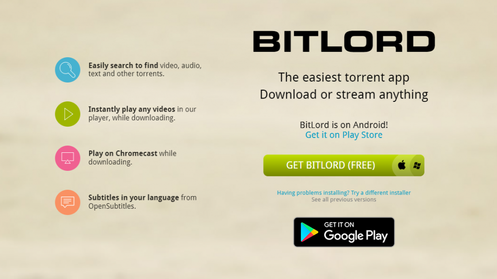Screenshot of BitLord's web page