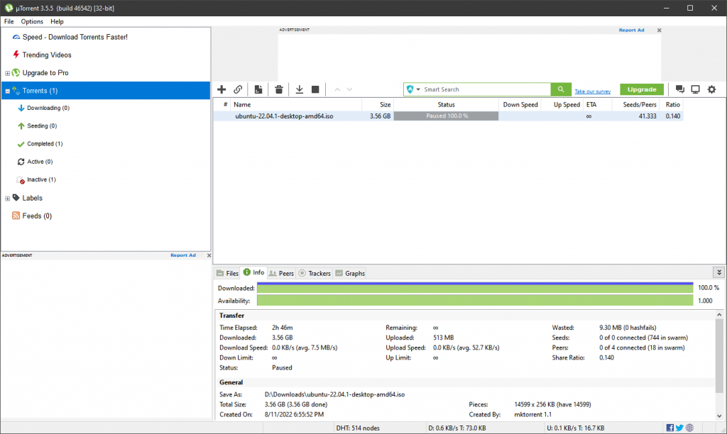 Screenshot of uTorrent Classic user interface.
