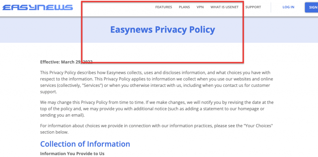 Easynews Privacy Policy