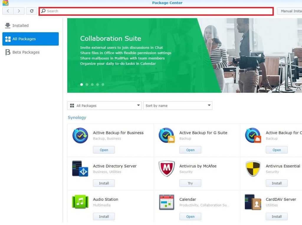 Search for Plex using the Synology Package Center.
