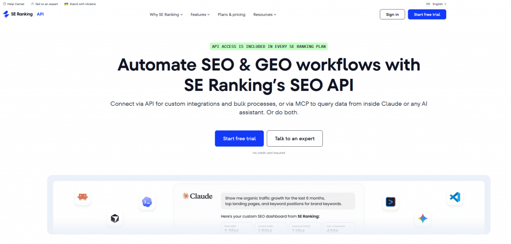 SE Ranking API homepage