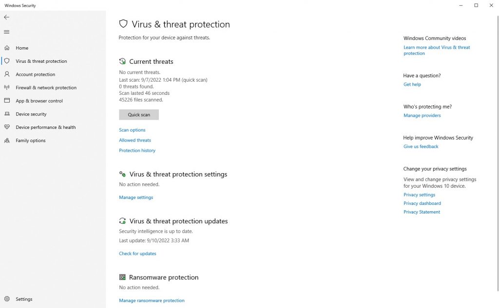 Screenshot of Windows 10 Security settings