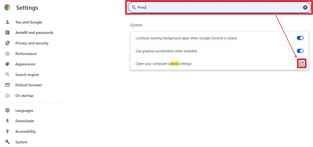 Search for proxy settings in Google Chrome.
