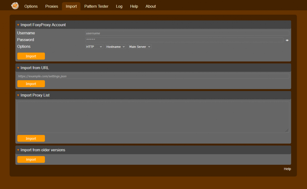 foxyproxy import options