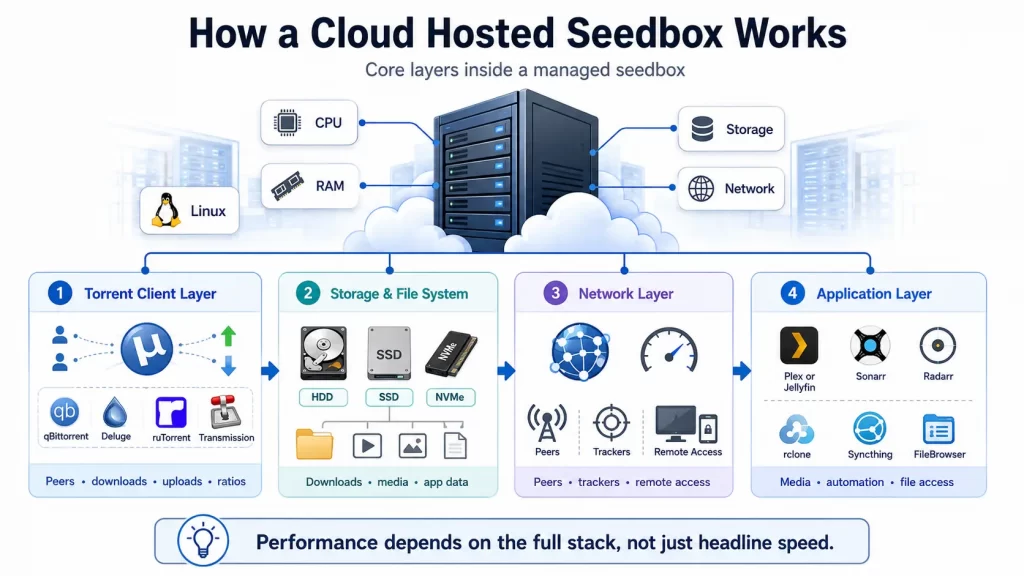 Diagram showing how a cloud hosted seedbox works, including the Linux server environment, CPU, RAM, storage, and network, plus the torrent client, storage, network, and application layers.