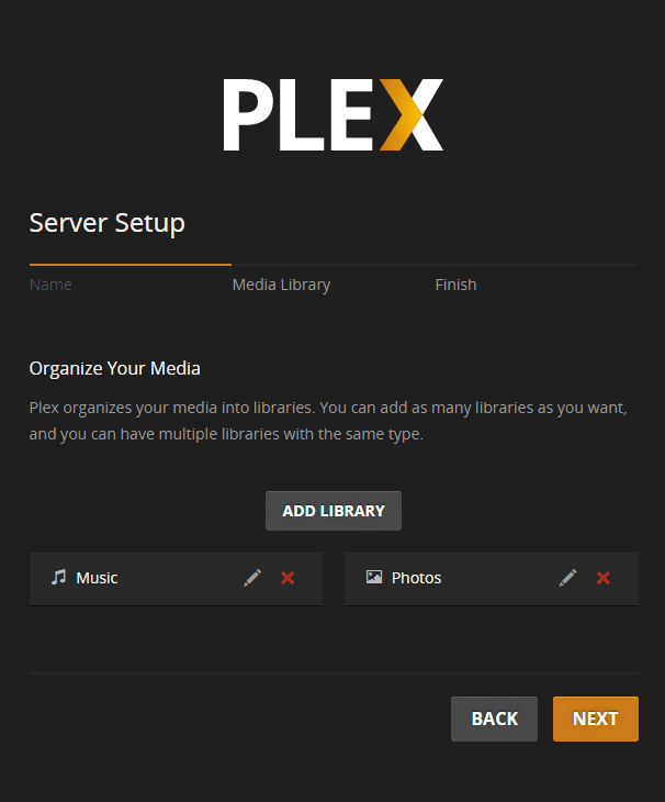 Adding a library in Plex Media Server.