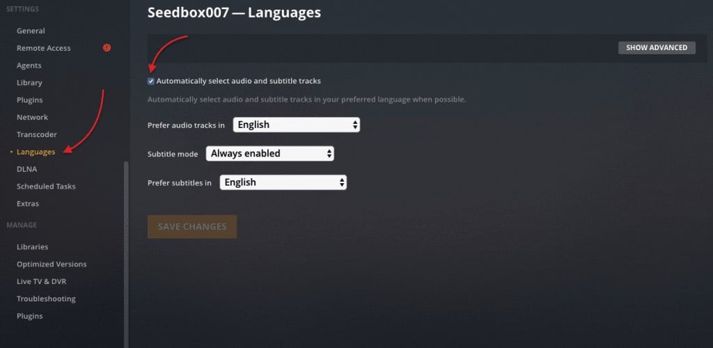 Configuring subtitles in Plex Media Server.