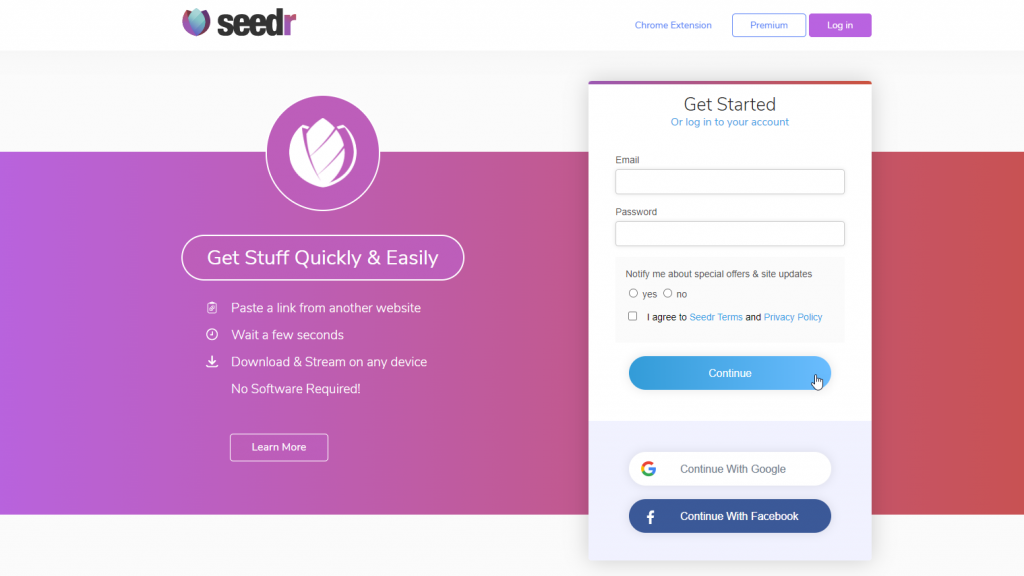 Screenshot of Seedr.cc web page