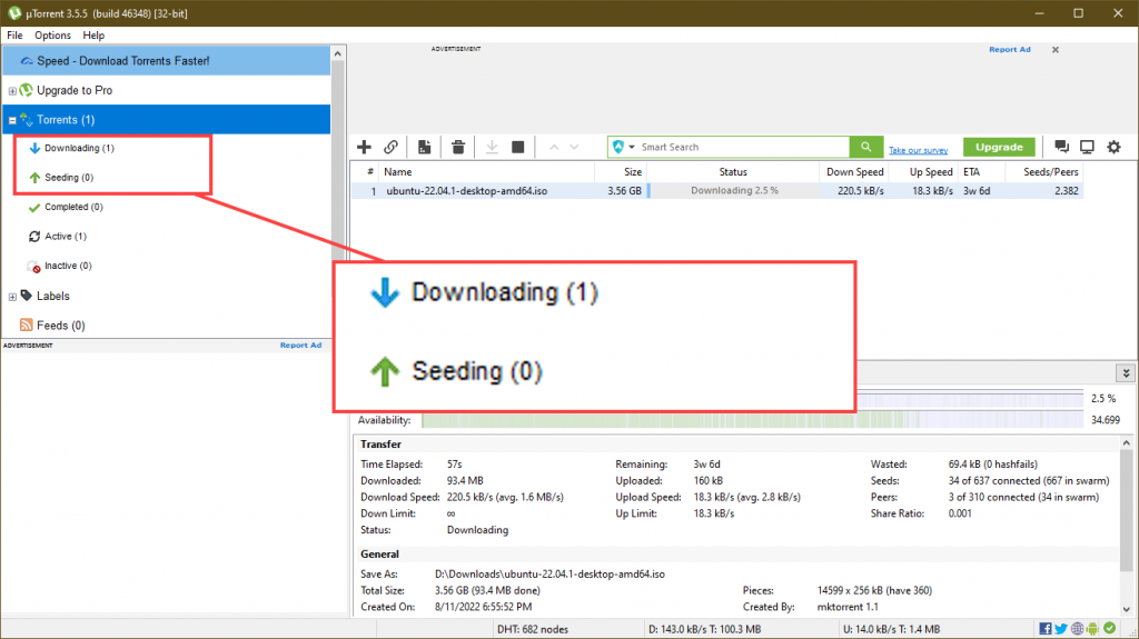 Screenshot of uTorrent interface showing a file downloading