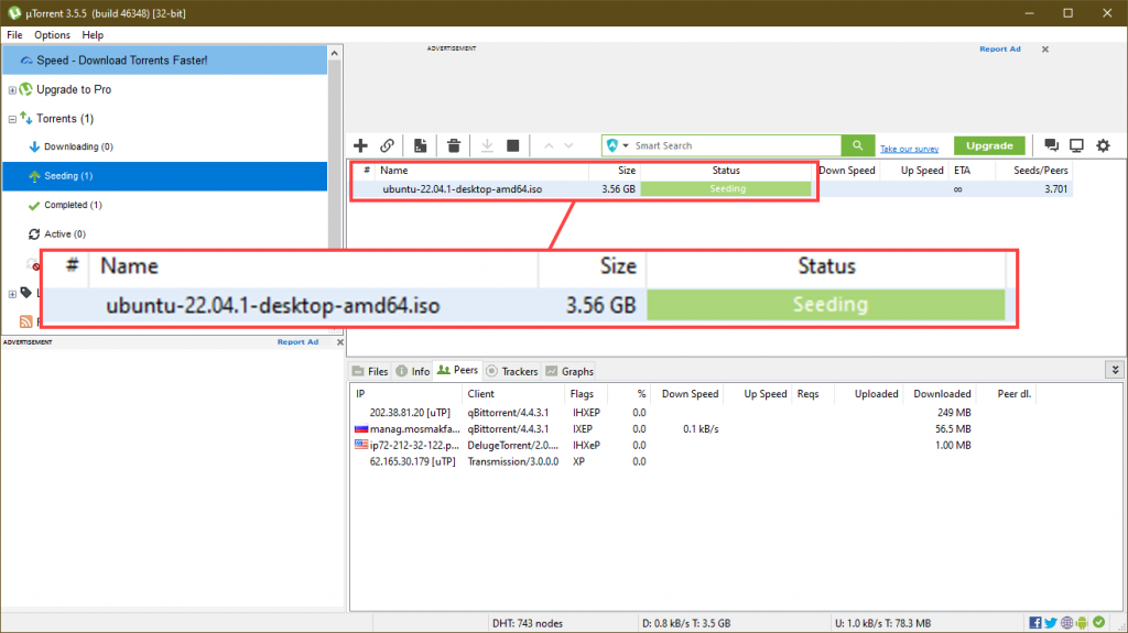 Screenshot of a file seeding in uTorrent