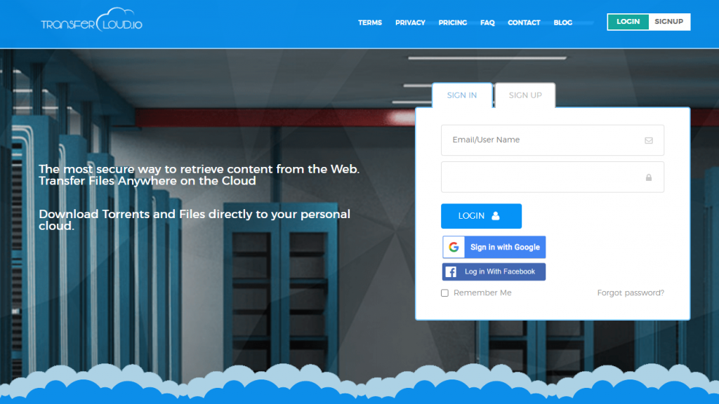 Screenshot of Transfercloud web page