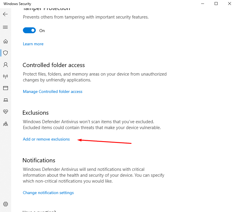 adăugați și eliminați excluderi în Windows Security. 