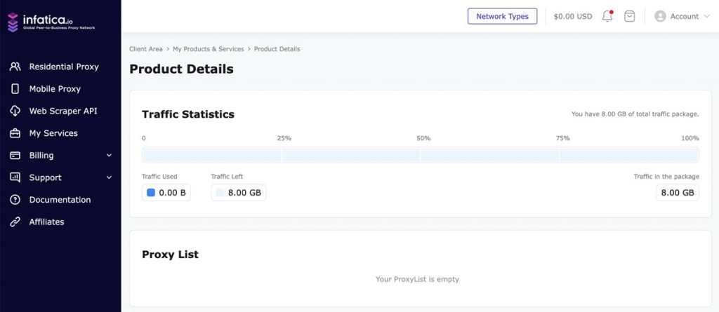 User dashboard at Infatica Proxies.