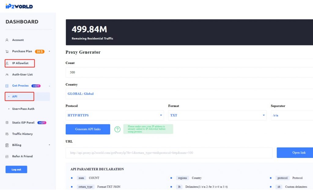 IP2World proxy dashboard