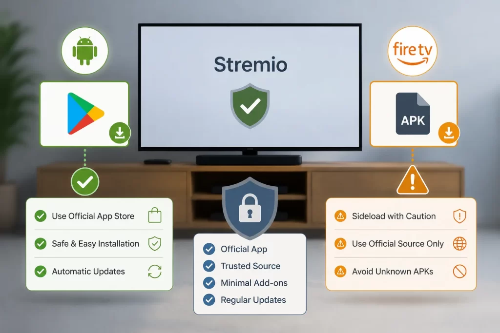 Diagram showing safer Stremio installation on Android TV and Fire TV using official app stores, trusted APK sources, and regular updates