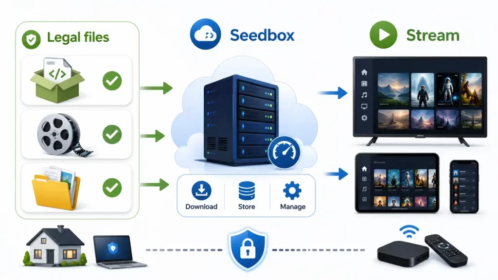 Diagram showing how a seedbox fits into a legal media streaming setup for downloading, storing, managing, and streaming permitted files
