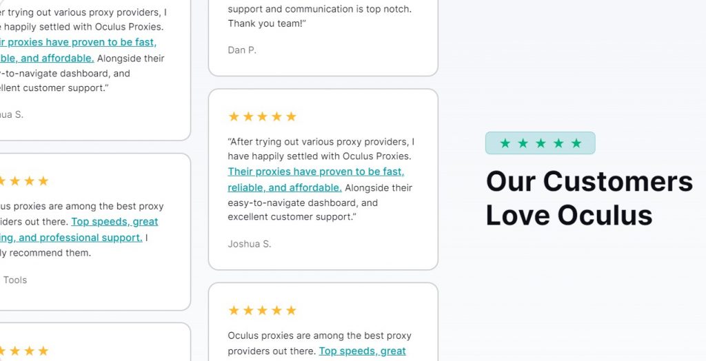 The testimonial section for Oculus Proxies mimics Trustpilot ratings.