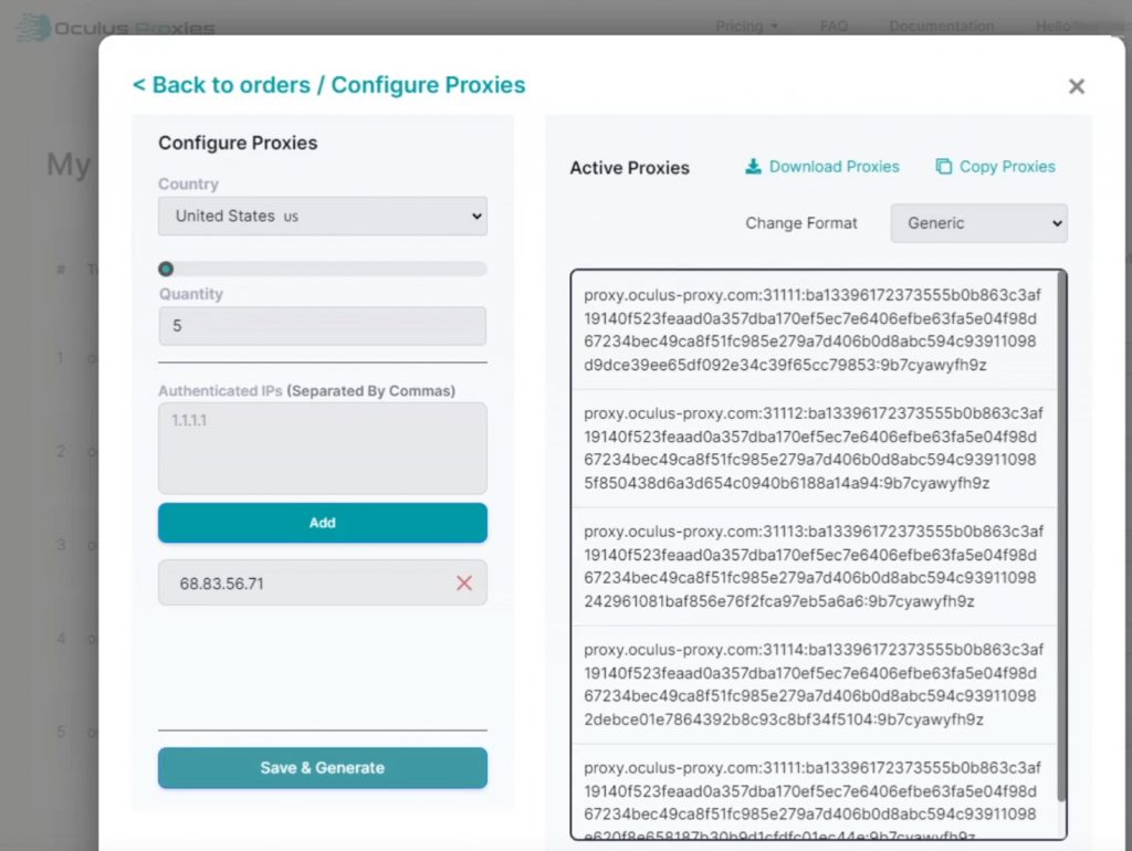 The Oculus Proxy dashboard simply generates proxy IP addresses.