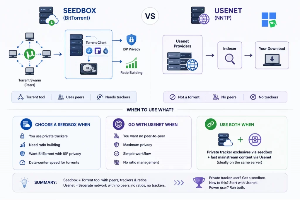 Comparison diagram showing the differences between a seedbox and Usenet, including torrent peers, trackers, privacy, ratio building, Usenet providers, indexers, and recommended use cases for each technology.