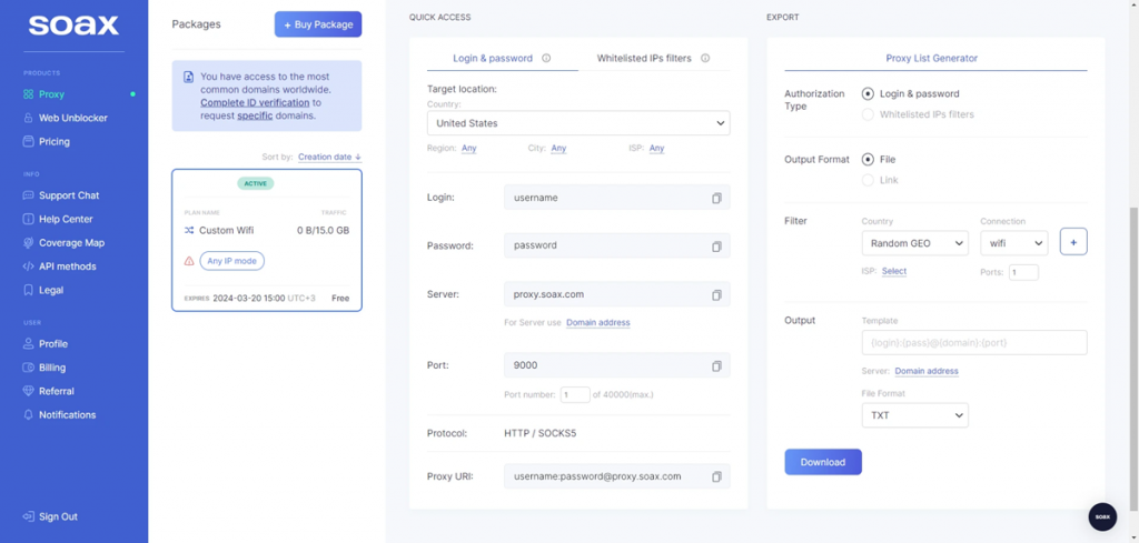 SOAX dashboard
