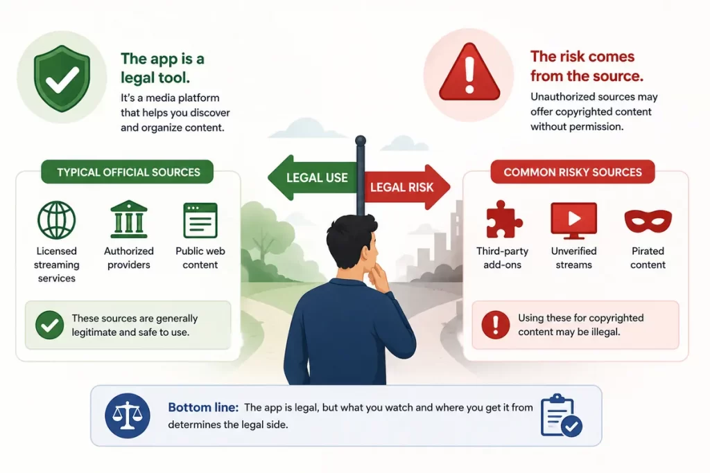 Illustration showing that Stremio legality depends on whether the content comes from official or unauthorized sources