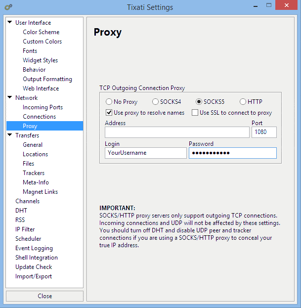 Setting a proxy in Tixati client. 